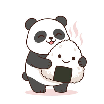 Cute black and white panda bear hugging warm rice onigiri kawaii line art cartoon character Japanese food illustration white background