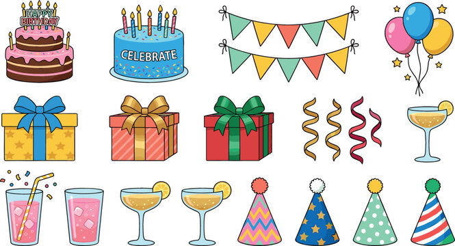 Cute birthday party elements vector set featuring festive cakes with candles colorful bunting flags wrapped gift boxes balloons and drinks