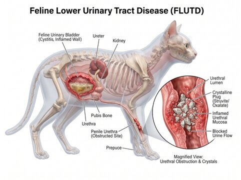 Feline Lower Urinary Tract Disease FLUTD Medical Illustration of Cat Urinary System Anatomy