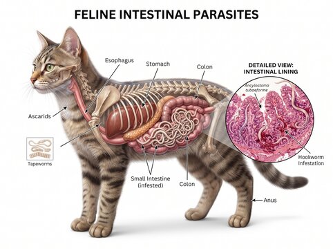 Feline Intestinal Parasites Medical Illustration with Cat Anatomy Diagram
