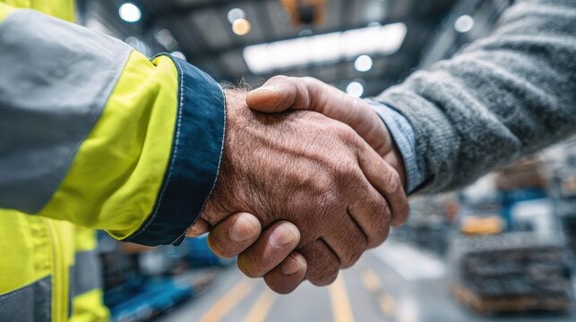 Close-up of a warehouse handshake between two workers. Industrial partnership and business agreement concept.
