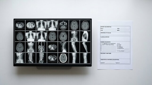 Radiology image thumbnails displayed in a grid on a monitor beside a printed requisition form flat &ndash; Medical Records Compliance & Healthcare Documentation Stock Photo