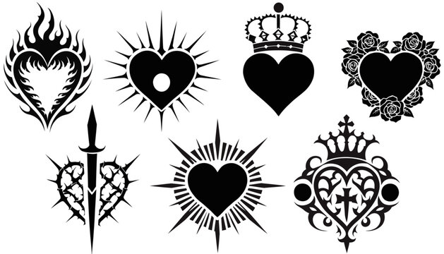 Black Heart Icons Set: Flames, Crown, Roses, Dagger, Ornate Designs