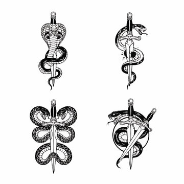 Serpent and Sword Tattoo Designs: Cobra, Dagger, Medieval Blade, Tribal Snake Art