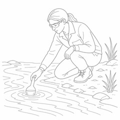 Obraz premium Line art illustration of a female environmental scientist in a lab coat and safety goggles collecting a water sample from a river using a glass flask for ecological research.