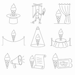Fototapeta premium Set of nine minimalist line art icons featuring soft-serve ice cream cones integrated with theatrical elements including a magic hat, marionette, spotlight, theater curtain, and stage.