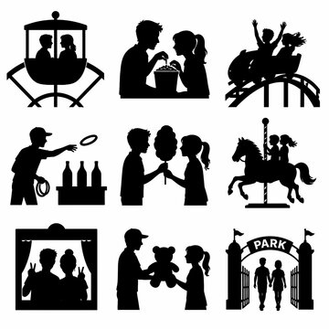 Silhouette vector icon set depicting amusement park scenes with a couple, including a ferris wheel gondola, roller coaster, carnival games, carousel, and theme park entrance.