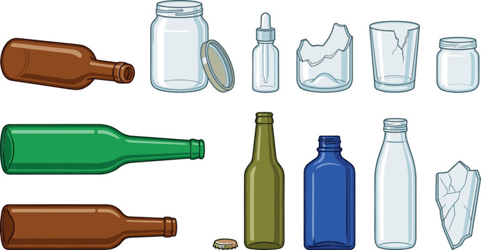 Glass waste and recycling vector icons set featuring empty colored bottles mason jars broken shards dropper vials and drinking tumblers