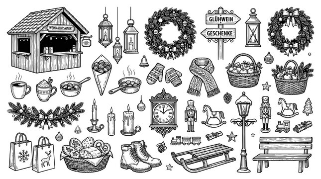 Hand Drawn Christmas Market Elements Set Featuring Festive Decorations and Winter Holiday Objects