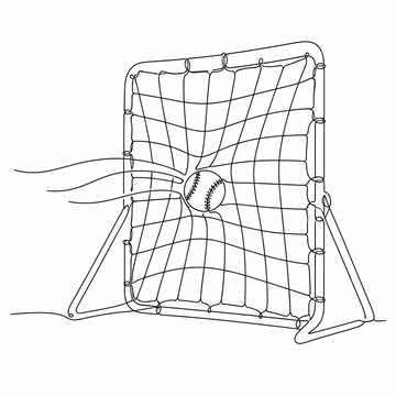 Single line drawing of a baseball ball impacting a pitch-back rebounder net training equipment on a white background, featuring motion lines and net deformation.