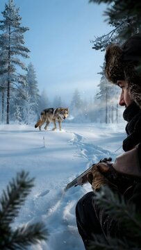 Hunter with a rifle in snowy forest observing wildlife in winter wilderness