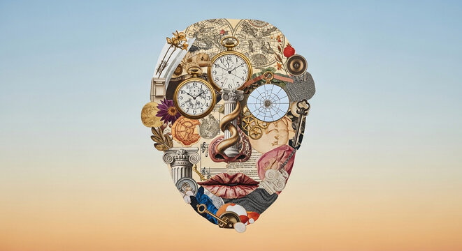 Collage of face made from clockwork mechanisms and gears on gradient background