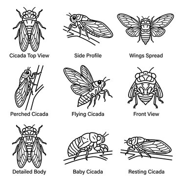 Set of cicada insect illustrations in different positions