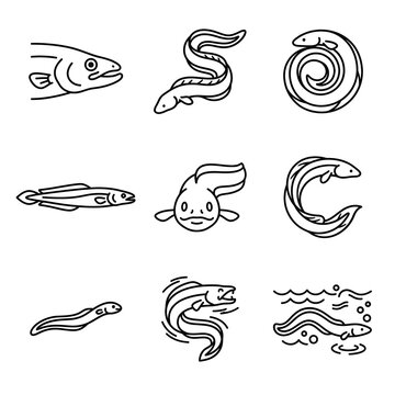 Set of eel fish icons in simple black outline style