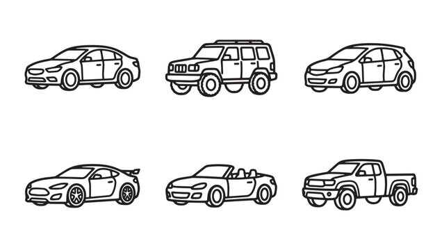 Collection of various car vehicle type outline icons with automobile transport transportation hatchback sportscar convertible automotive collection illustration monochrome traveling