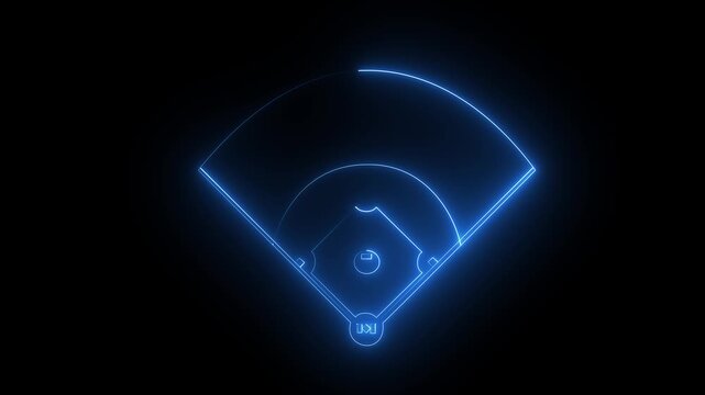 Blue color Neon Baseball field icon animation on black background, futuristic digital icon video of a high-tech baseball field .4k motion graphics video.