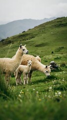 Obraz premium Peaceful Scene of Alpaca Family Grazing on Mountain Slope with Green Vegetation