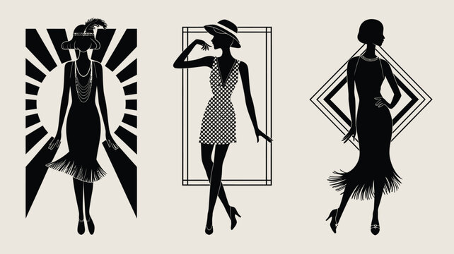 Vector set of retro nineteen twenties flapper girl silhouettes with geometric art deco backgrounds isolated on light beige background.