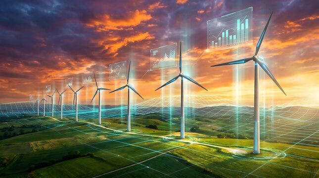 Digital wind farm and renewable energy concept with smart grid technology and data analytics showing clean power generation future on sunset sky background.