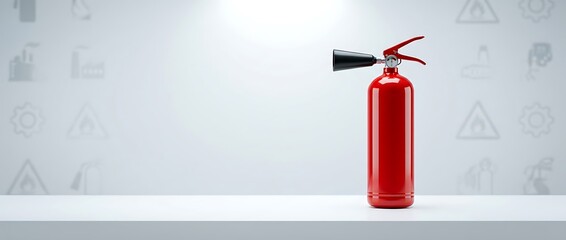 Obraz premium Shiny red fire extinguisher with black nozzle standing on white table with abstract safety icons in background, professional studio shot.