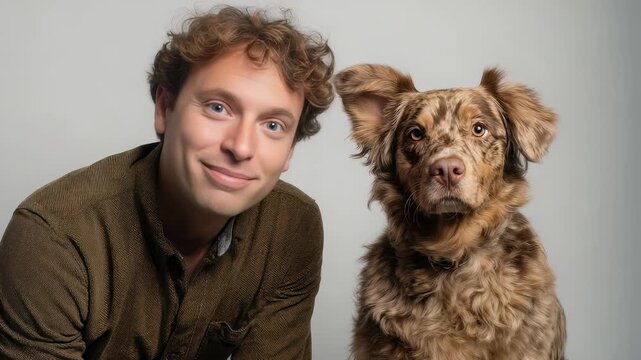 Young man with curly hair and friendly expression poses next to a brown merle dog against a neutral background. Both look directly at the camera, radiating warmth and companionship