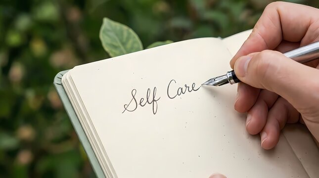 Person writing Self Care text in journal with pen.