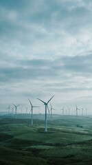 Fototapeta premium Modern renewable energy site with wind turbines and solar panels at golden hour sunset, corporate sustainability report style