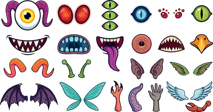 Cartoon monster facial features and body parts vector set with creepy eyes scary mouths sharp teeth horns wings and tentacles elements