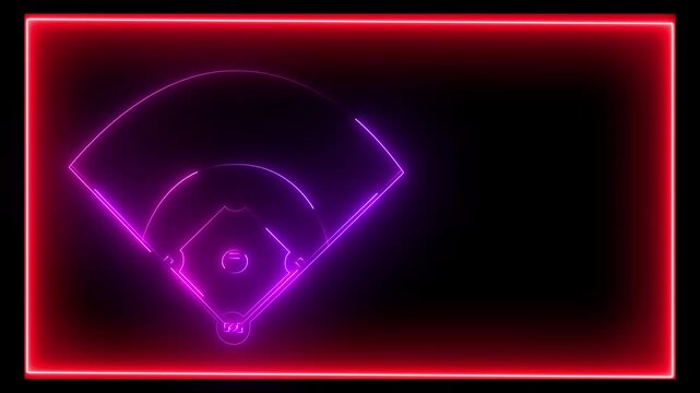 pink and purple color Neon Baseball field icon animation on black background, futuristic digital icon video of a high-tech baseball field .4k motion graphics video.