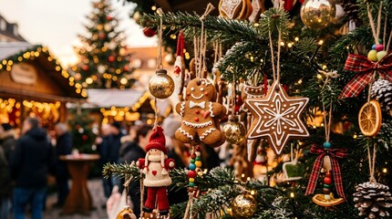 Fototapeta premium Festive christmas day decorations gingerbread ornaments and holiday market scene