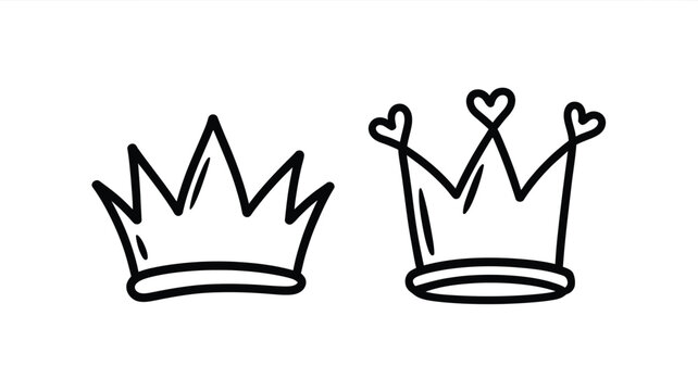 Vector set of two doodle crown icons with cute heart details hand drawn line art isolated on white background.
