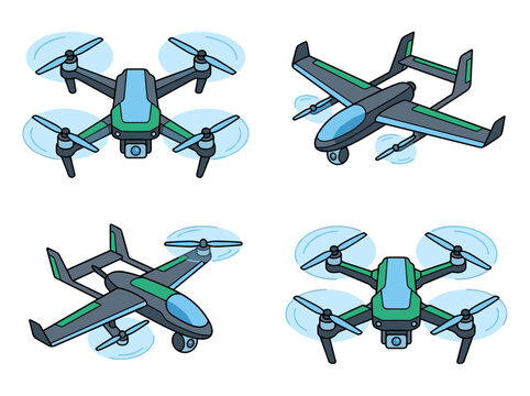 Isometric cartoon drone vector icon set with quadcopter and winged camera drones, flying aerial devices with spinning propellers isolated on light blue background