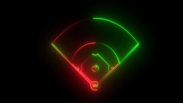 Neon Baseball field icon animation on black background, futuristic digital icon video of a high-tech baseball field .4k motion graphics video.