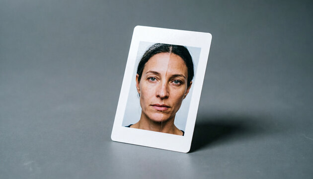 Face morph identity card, composite portrait, biometric fraud concept  