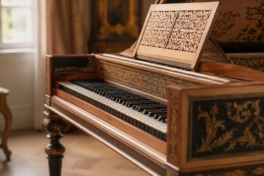 Baroque harpsichord with detailed woodwork and black and white keys.
