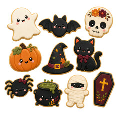 Fototapeta premium Decorated Halloween cookie character assortment isolated on white, Halloween png.