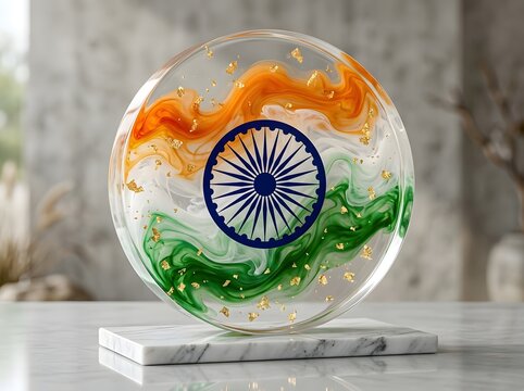 Indian flag colors in a circular glass stand with blue chakra wheel in the middle