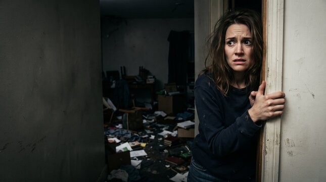 A frightened woman peeking from a doorway into a dark, dilapidated room. The room appears to be in disarray, with scattered papers and debris on the floor.