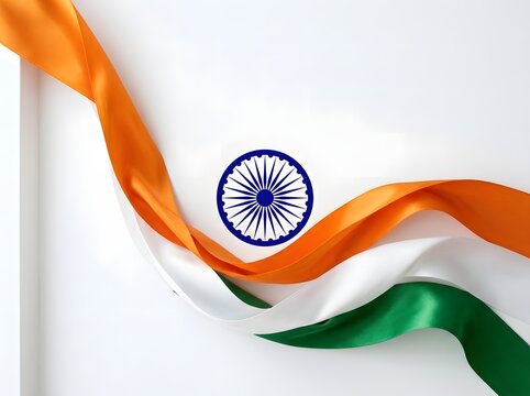 Wavy ribbons in orange white and green colors with a blue wheel of india flag