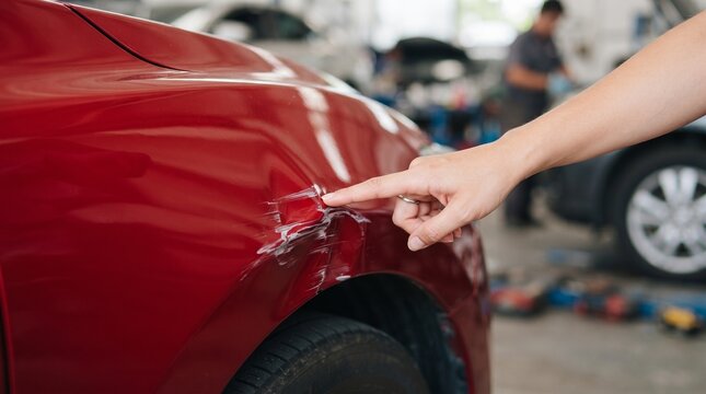 A close-up shot of a hand pointing to a significant dent and scratch on the fender of a shiny red car, with a blurred background of a repair shop