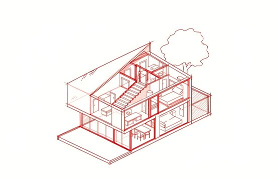 Colorful 3d cutaway illustration of a modern three-story house interior
