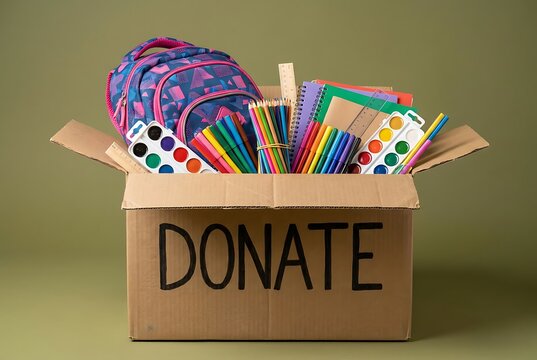School supplies in donation box with backpack and watercolors ready for charity and back to school donation campaign to help needy students and promote education.