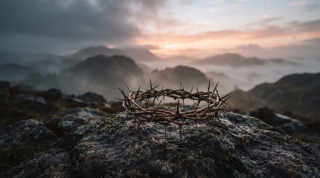 A crown of thorns rests on a rocky outcrop against a dramatic, misty mountain landscape at sunrise. The scene evokes a sense of somber reflection and spiritual significance