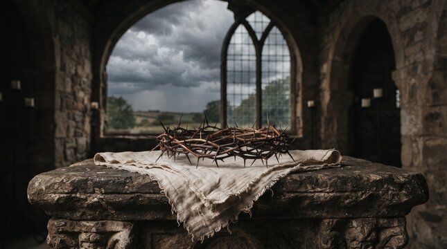 A thorny crown of woven branches rests on a weathered stone altar within a gothic-style room, with a large arched window in the background revealing a cloudy sky and rolling hills