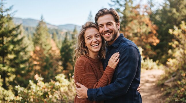 A happy couple embracing outdoors with a backdrop of trees and mountains. They are both smiling and appear to be enjoying a moment together in nature