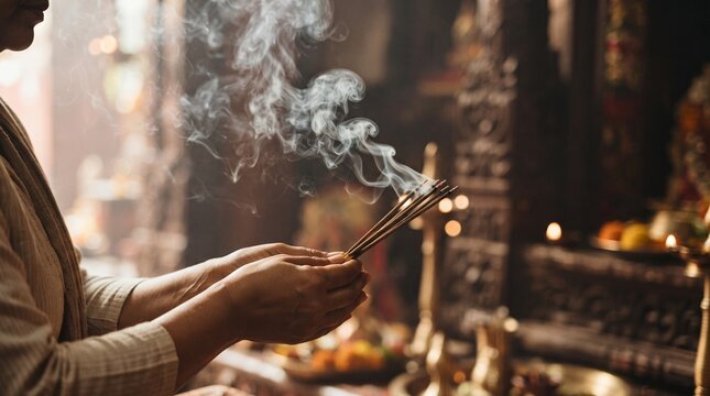 A pair of hands holding burning incense sticks, with smoke rising in a sacred space, evoking a sense of spirituality and ritual.