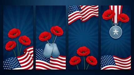 Fototapeta premium Memorial day background set with american flags and red poppy flowers