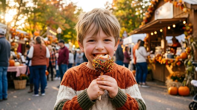 Happy boy eating a candy apple at an autumn outdoor harvest festival