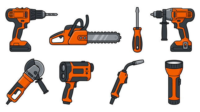 Construction power tool vector icon collection, drill, chainsaw, screwdriver, angle grinder, heat gun, welding torch flashlight repair workshop equipment isolated white background