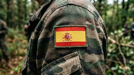 Obraz premium Flag of Spain on military uniform. Army, troops, soldier (collage).